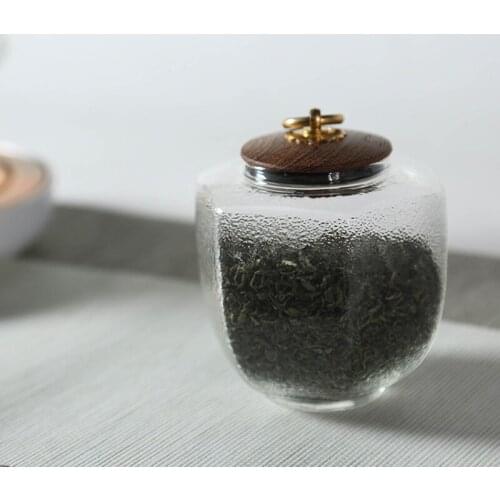 Handmade Glass Tea Storage Jar Kung Fu Tea Set Accessories Coffee Beans Seal Cans Sugar Nuts Tanks with Wooden Lid Canister