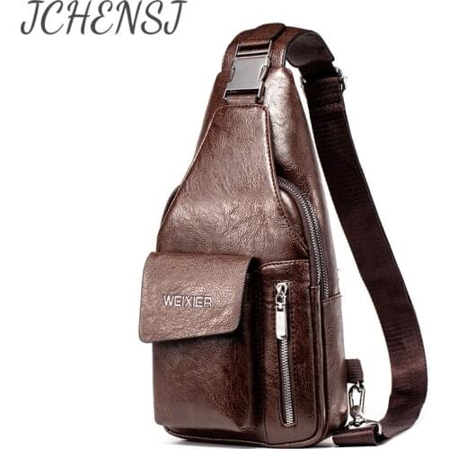 JCHENSJ Mens Leather Shoulder Bags Large Capacity Male Cross Body Bag Headphone Hole Chest Bags For Men