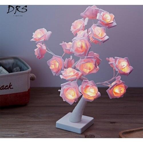 24LED Warm Rose Tree Light Fairy Holiday Night Lamp Battery USB Simulation Flower Christmas Bedroom Decor Wedding Store Romantic