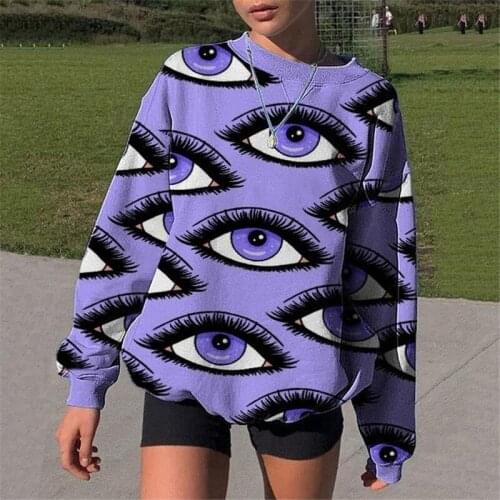 Purple Eyes Print Oversized Crewneck Sweatshirt Women Loose Vintage Thin Long Sleeve Streetwear 2021 Spring Fall Fashion Clothes