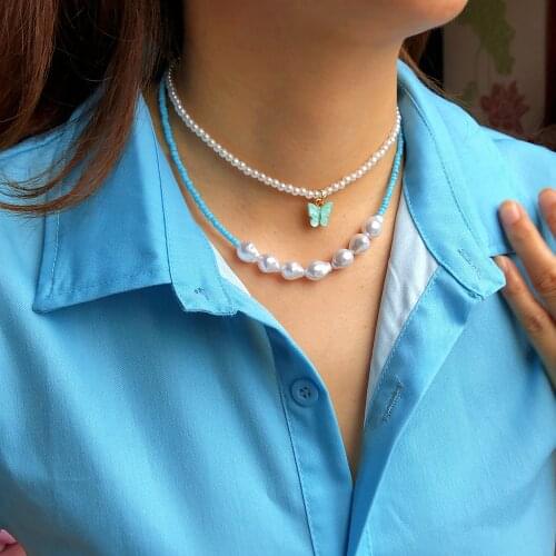 TAUAM Blue Rice Beads Imitation Pearls Necklace for Women Gold Color Butterfly Choker Female 2021 Fashion Jewelry