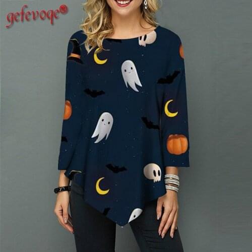 Cartoon Graphic Print 3/4 Sleeve Tunic Tops Casual Halloween Plus Size Irregular T Shirt Femme Trending Clothes for Women 2021