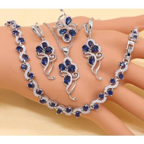XUTAAYI Silver Wedding Jewelry Sets For Women Plant Shape Blue Zircon Bracelet Earrings Necklace Pendant Ring Gift Box
