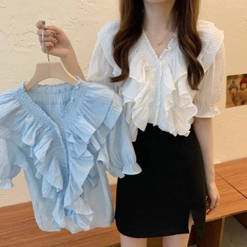 Womens Blouse Korean Summer Lotus Leaf Design Niche Thin French Blouse V-neck Short-sleeved Shirt