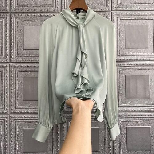 Print Collar Spring Summer Mulberry Silk Top Silk Shirt Women Fashion Solid Color Loose Long-sleeved Top Silk Shirt Women