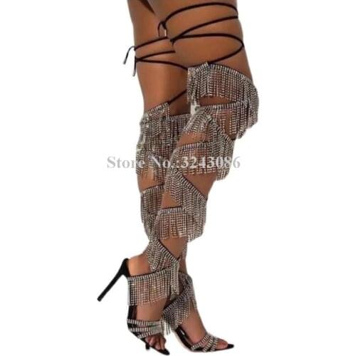 Bling Bling Crystal Tassel Lady Sandals Boots Sexy Cross-tied Stiletto Heel Long Boots New Fashion Female Booties Dropship
