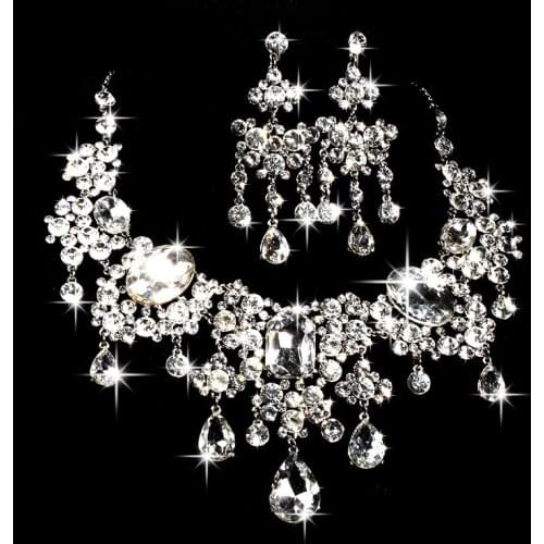 Silver Color Crystal Bridal Jewelry Sets Fashion Tiaras Crown Earrings Choker Necklace Women Wedding Dress Jewelry Set