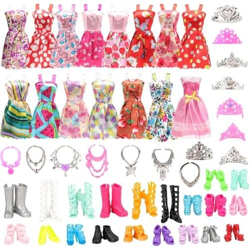 32 pcs/set Fashion Doll Clothes and Accessories =10 Dress +10 Shoes +6 Crown +6 Necklace for Barbie 11.5 inch Doll Kids Toys