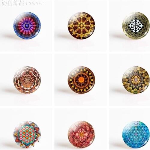 5Pcs/lot Tibetan Buddhist Mandala Pattern Round 25MM Glass Cabochon Yoga Flower Symbol DIY Pendant Jewelry Making