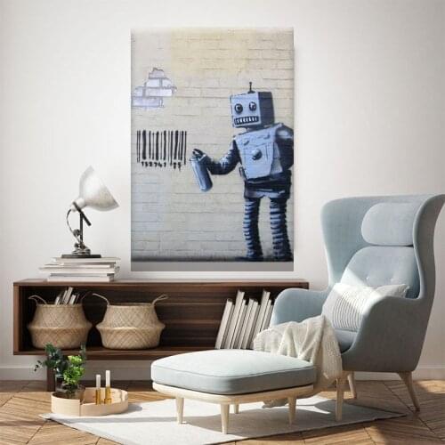 Banksy Robot Bar Code Label Posters And Prints Canvas Painting Wall Art Home Decor For Living Room Home Decor Pictures