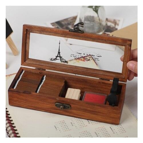 Free Shipping Transparent lid retro old wooden pencil box wood jewelry box wooden tower multifunctional stationery box
