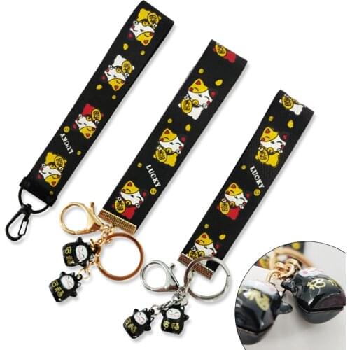 Lucky Cat Key Chain Lanyard Cute Cat Bell Key Ring Women Girls Bag Car Key Holder Fashion Ribbon Phone Case Wallet Key Chains
