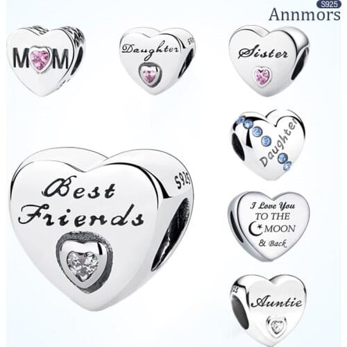 Heart Shape Family Member Beads Fits Pandora Charms for Mother Sister Daughter 925 Sterling Silver Charms Fine Jewelry Make Gift