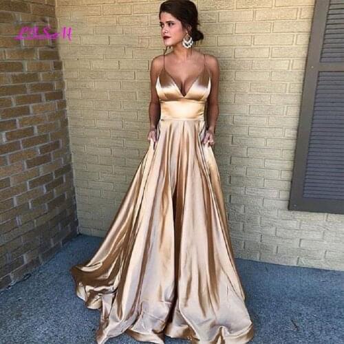 A-Line Long Champagne Evening Dress Sexy Deep V-Neck Satin Vestido De Festa Spaghetti Straps Party Formal Pageant Prom Gowns