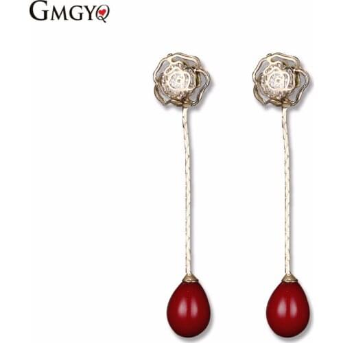 GMGYQ Zircons Merk Fashion CZ Crystal Bungelende Drop Red Pearl Rose Goud Kleur Zirconia Sieraden Voor Vrouwen Bohemian Jewelry