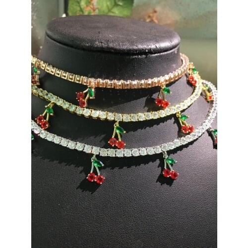 Janekelly new 2020 summer new cute cherry charm clear cz tennis chain choker women necklace 32+10cm