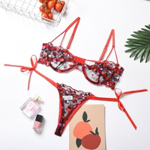 Hot New Womens Underwear Set Lace Ribbon Sexy Red Heart Erotic Lingerie Mesh See-through Seductive Bra Thong Erotic Costumes