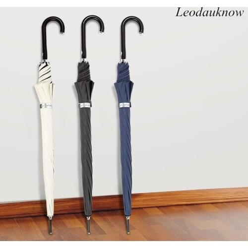 Leodauknow Windproof and rainproof plain coloured large diameter mens and womens sunny or rainy long curved handle umbrella