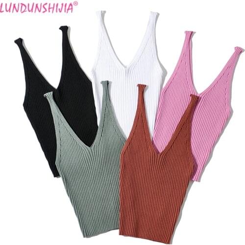 LUNDUNSHIJIA Sexy Women V-neck Knitting Tank Tops 2021 Summer Ladies Fashion Crop Tops Elegant Feminine Girls Chic Tops
