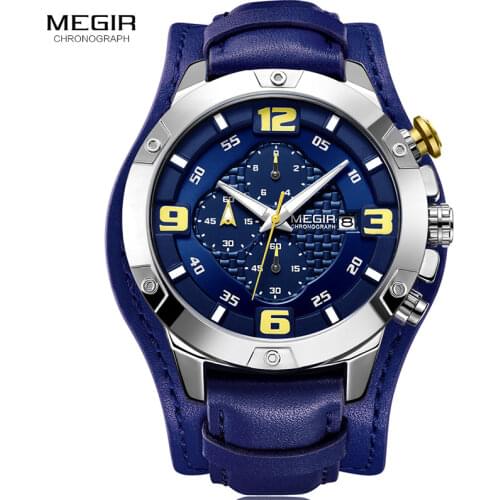 MEGIR Mens Chronograph Quartz Watches 2019 New 3 Bar Waterproof Leather Strap Luminous Army Sports Stopwatch for Man 2099 Blue