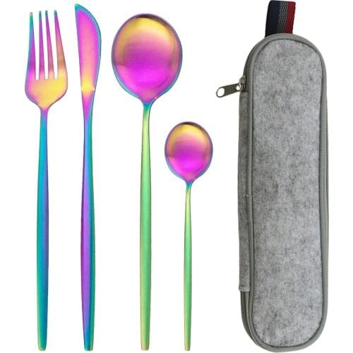 Travel Dinnerware Set 304 Stainless Steel Plating Rainbow Knife Fork Spoon Tableware Cutlery Western Food Camping Tableware Bag