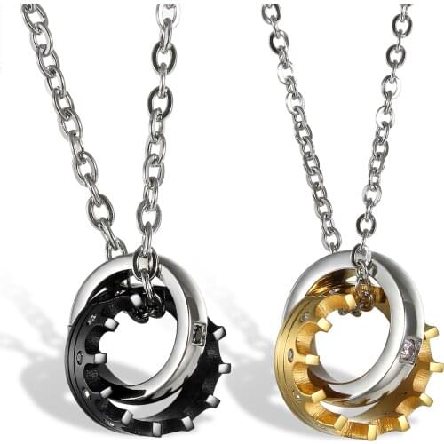 BONISKISS Mens Cubic Zirconia Couples Stainless Steel Crown Pendant Love Necklace Set, 18 and 22 inch Chain Women Jewelry