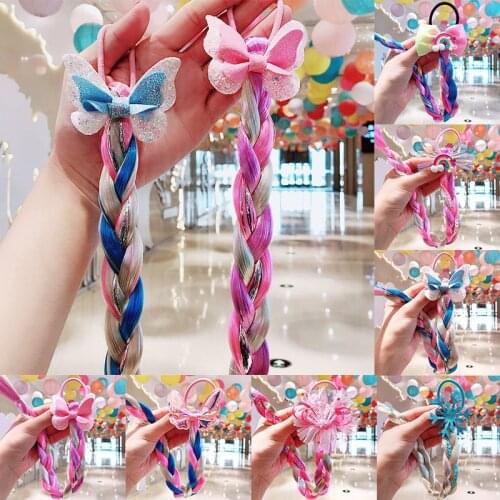Girls Cute Cartoon Bow Butterfly Colorful Braid Headband Kids Ponytail Holder Rubber Bands Sequin Hair Accessories