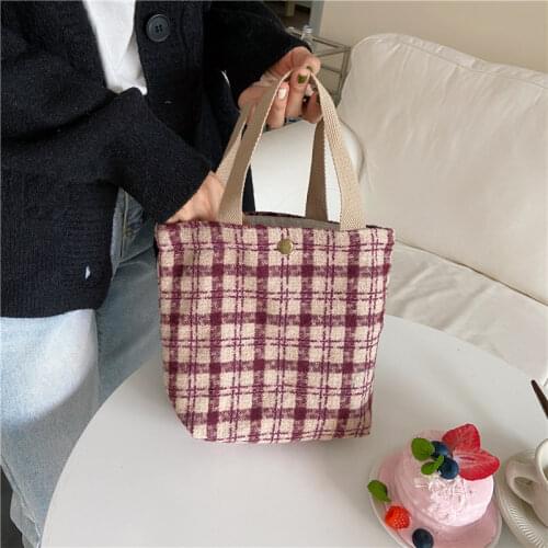 Simple Woolen Women Lunch Bento Bag Retro Plaid Ladies Small Purse Handbags Female Daily Shopping Shoulder Bags Mini Casual Tote