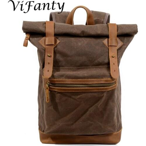 Roll top zipper canvas backpack waxed canvas leather colleage weekend travel rucksack laptop backpack