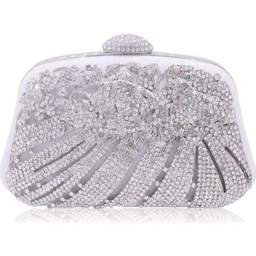 Metallic Silver Hollow Out Crystal Floral Women Evening Clutch Bag Bridal Wedding Rhinestones Knucklebox Purse Handbag