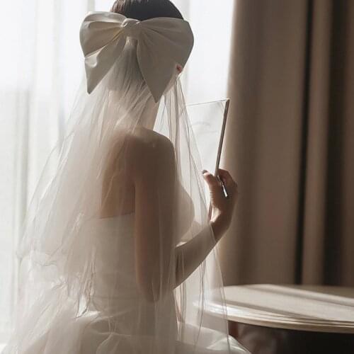 Bowknot Silk long veil bride hair wear Super Fairy Satin Bow Veil church beach wedding Hair Ornament
