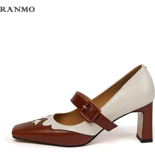 Womens shoes square toe high heels Mary Jane shoes leather shoes fashion leather shoes office shoes daily commuter shoes heels
