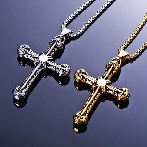 WAWFROK Stainless Steel Necklace for Men Cross Necklaces 2 Colors Initial Necklace Long Chains Statemen Pendant Cross Necklace