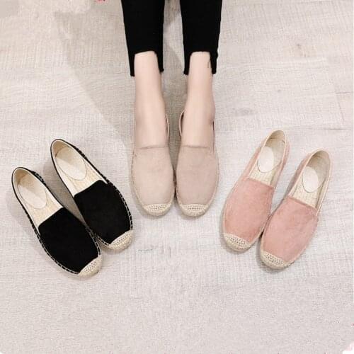 Suede weaving hemp round toe ballet flats shoes woman slip on loafers shallow moccasins cane sewing anti-skid espadrilles femme