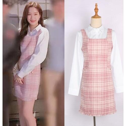 2 Piece Set Women Korean Drama TV Star Moon Ga Young Pink Plaid Dress And White Shirt Two Piece Sets Ladies Elegant Party Suits
