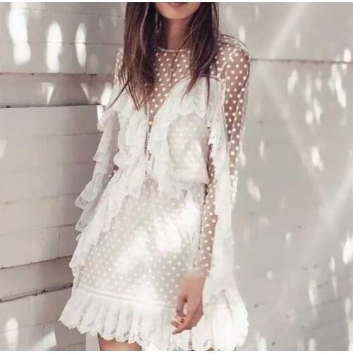 Floral Star Ruffle Lace White Elegant Dress Women Summer Beach Boho Embroidery Backless Tassel Transparent Princess Mini Dress