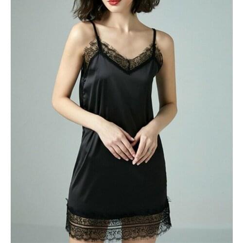 Women Lace Faux Silk Slips Dress Satin Strap Nightdress Petticoat Sleepwear Slim Black Slips White Slips 914-A716