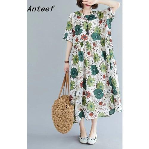 Short sleeve cotton linen vintage floral dresses for women casual loose long summer beach dress elegant clothes 2021