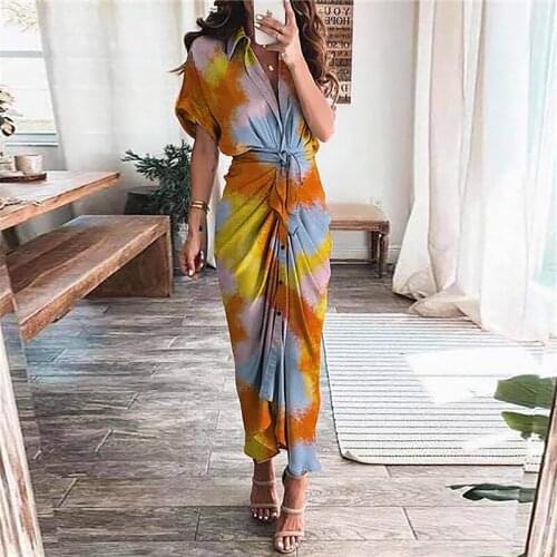 2021 Summer Dress Women Floral Print Irregular Vintage Dresses Casual Short Sleeve Tie Dye Long Dress with Belt Bohe Dress