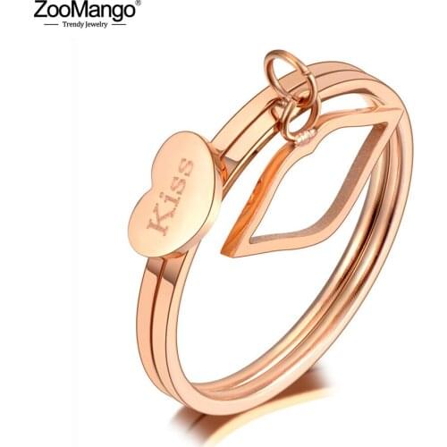 ZooMango New Titanium Stainless Steel 2 In 1 Kiss Lips Ring Trendy Rose Gold Bohemia Party Rings Jewelry For Women Girls ZR20037