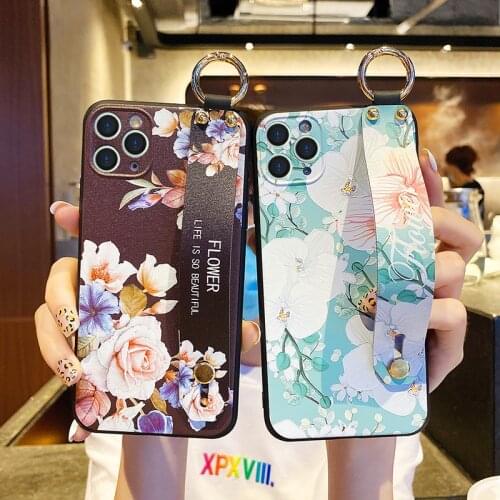 For iPhone 11 Wrist Strap Case Luxury 3D Relief Camera Protect Soft Stand Cover for iPhone 12 Pro Max SE 2020 XR XS Max 6 6S 7 8