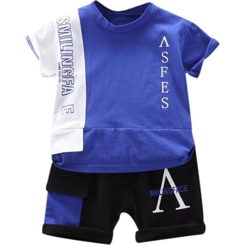 Children Kids Boys Korean Short-sleeved Color-block Letter Top + Shorts Set