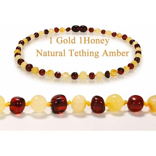 DOREMI 1Gold1Honey Baby Teething Amber Bracelet Necklace for Boys Girl Amber Beads Natural Baltic Amber Neckace Baby Jewelry