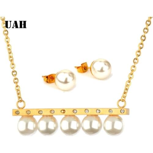 UAH Elegant Simulated Pearl Bridal Jewelry Sets Wedding Jewelry Crystal Gold Plated Stainless Steel Necklaces Earrings Sets