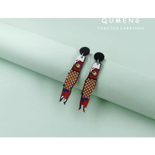 Chinese Traditional Koi Rich Fish Three-Dimensional Printing Acrylic Pendant Luck Earrings Colorful Cute Funny Jewelry Female