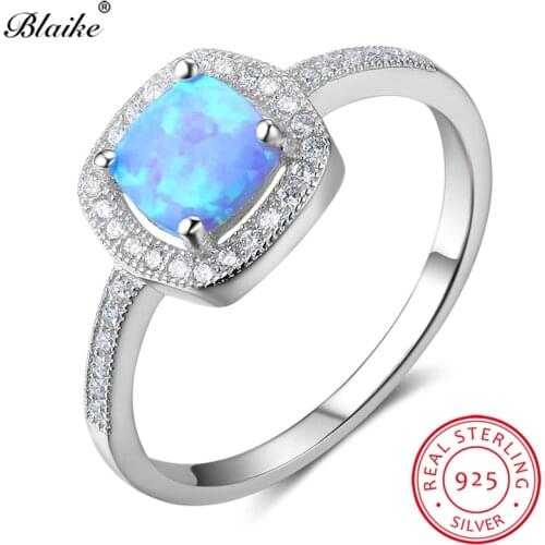 Blaike Solid S925 Sterling Silver Square Blue Fire Opal Rings For Women White Crystal Zircon Birthstone Finger Ring Fine Jewelry