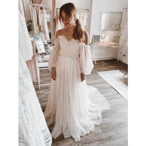Sweetheart Polka Dots Wedding Dress Long Sheer Sleeves Princess 2021 Tulle Plus Size Beach Puffy Bridal Gown Custom Made Cheap