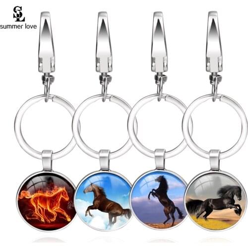 Fashion Silver Plated Metal Key Ring Glass Horse Charm Key Hooks Keychain for Men Women Gifts Trendy Jewelry