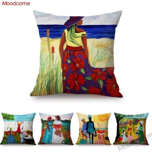 Fashion Black Woman African Art Africa Daily Life Harvest Party Oil Painting Home Decor Sofa Pillow Case Linen Cushion Cover Art
