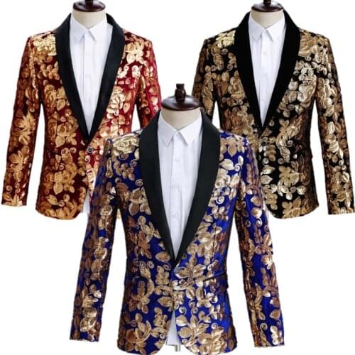 2021 Mens Red Sapphire Blue Black Gray Velvet Printed Sequined Suit Jacket Stage Suit Party Hosts Dress